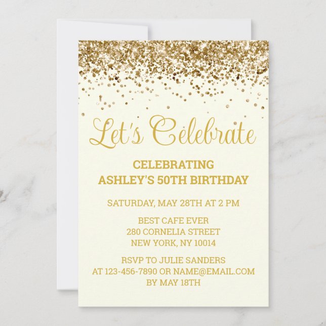 Invitation Custom Ivory and Gold Glitter 50th Birthday Party (Devant)