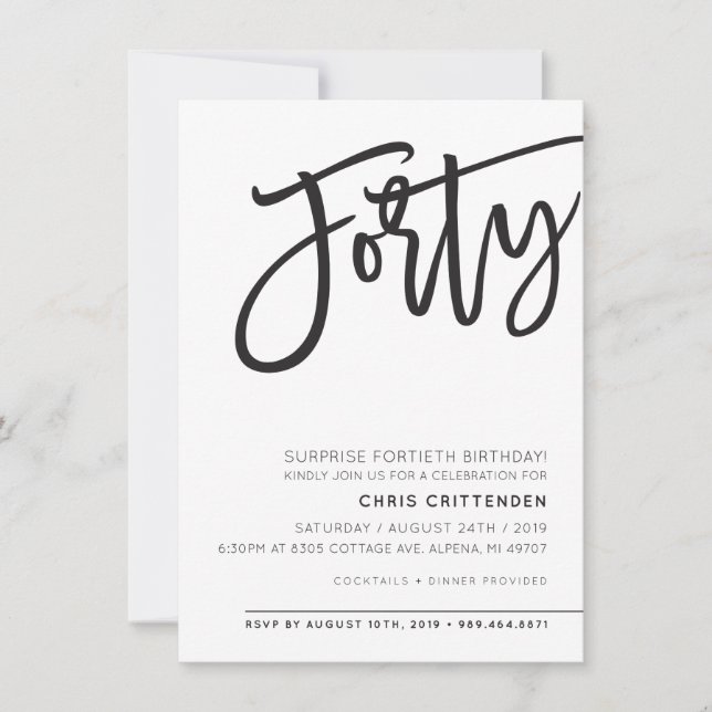 Invitation CUSTOM QUARANTE fête d'anniversaire moderne pour C (Devant)