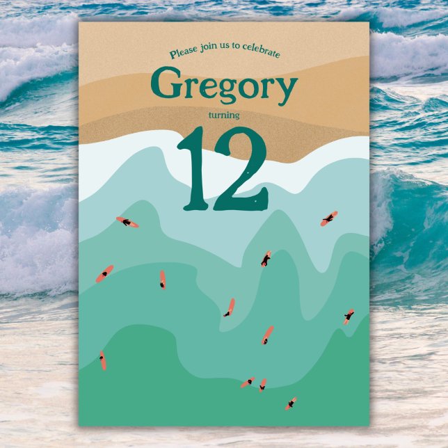 Invitation Custom Retro Surfing Ocean 12e anniversaire (Créateur téléchargé)