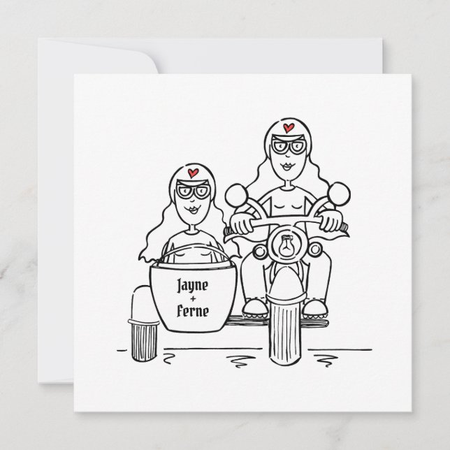 Invitation Custom Two Brides Motorbike et Sidecar Mariage (Devant)