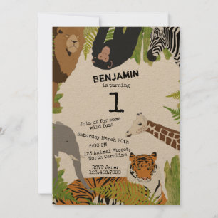 Invitation Customisé Mignonne Jungle Animaux Safari Anniversa