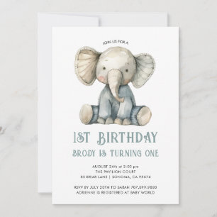 Invitation Cute 1er Anniversaire Jouet Eléphant Bleu Farci