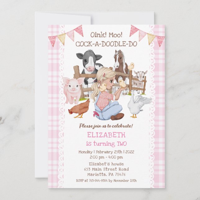 Invitation Cute 2e anniversaire Animaux de ferme Barnyard Enf (Devant)