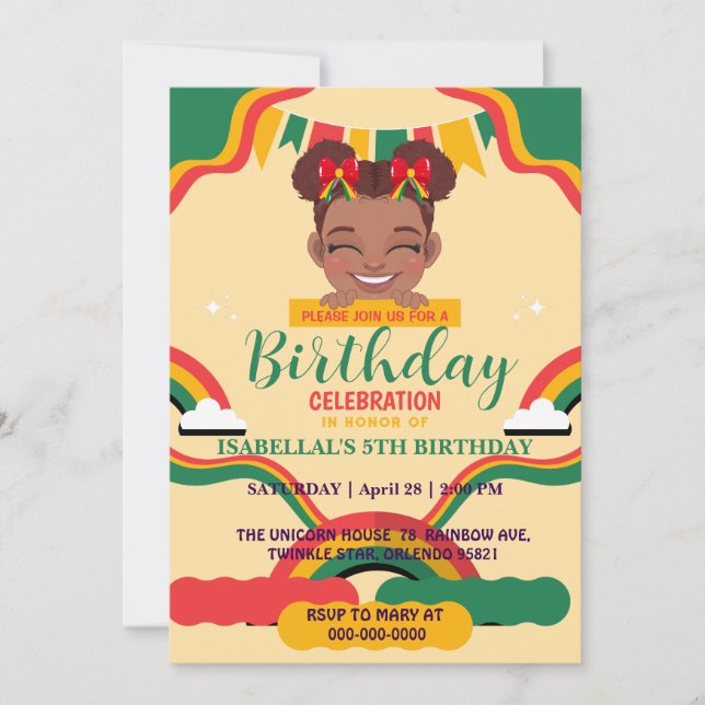 Invitation Cute afro bow Filles afro-américaines Anniversaire (Devant)