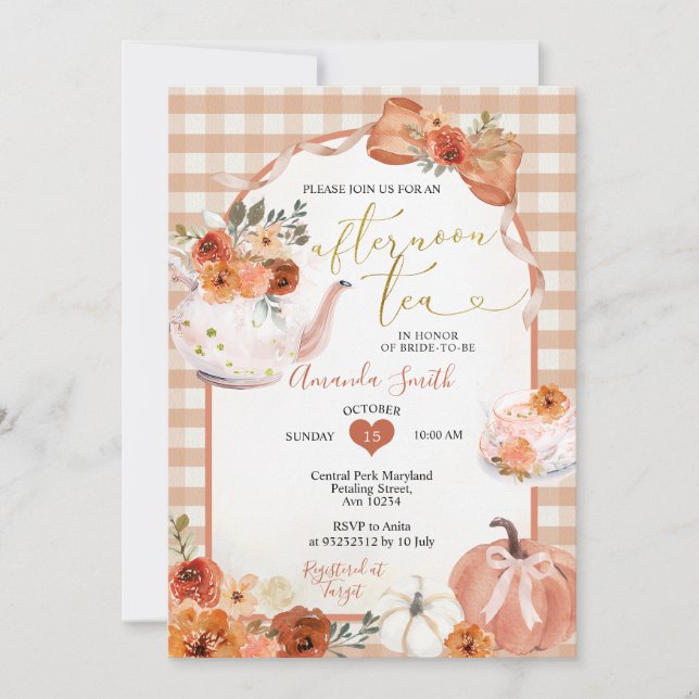Invitation Cute Afternoon Tea party Bow Citrouille Fête des m (Devant)