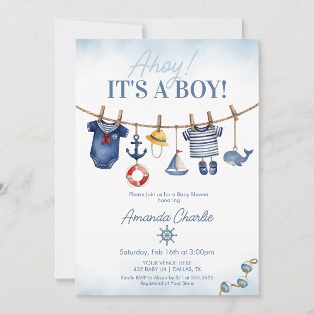 Invitation Cute Ahoy C'est un Baby shower de ligne de vêtemen (Devant)