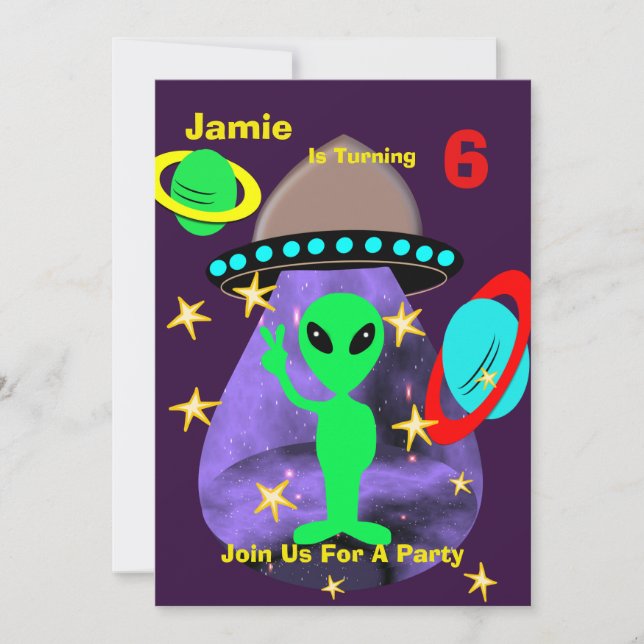 Invitation Cute Alien Espace Extérieur Thème Anniversaire (Devant)