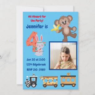 Invitation Cute All Aboard Jungle Thème 4ème anniversaire Fêt