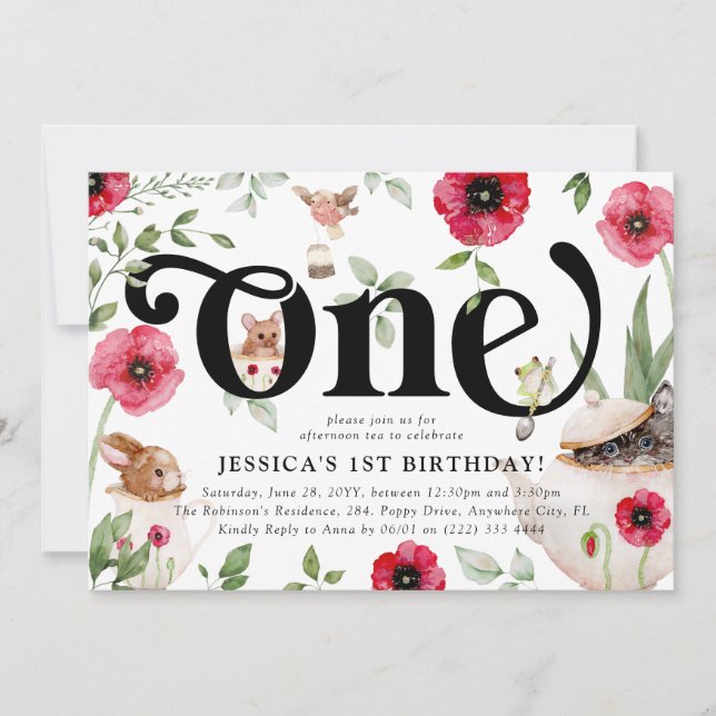 Invitation Cute Animal & Floral 'ONE' Tea Party 1er anniversa (Devant)