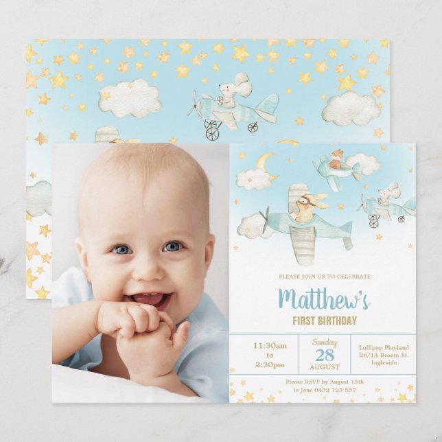 Invitation Cute Animals Avion Stars Sky Birthday Boy Photo (Devant / Derrière)