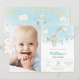 Invitation Cute Animals Avion Stars Sky Birthday Boy Photo