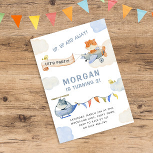 Invitation Cute Animaux Avion Bleu Anniversaire