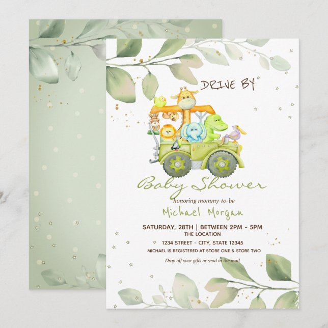 Invitation Cute Animaux Camion Drive Par Baby shower (Devant / Derrière)