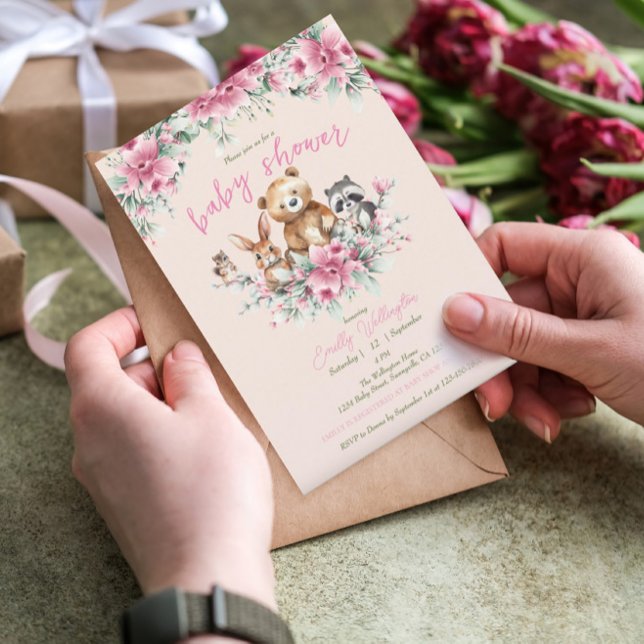 Invitation Cute Animaux Floral Pêche rose Baby shower fille (Créateur téléchargé)