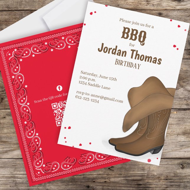 Invitation Cute Anniversaire Cowboy BBQ QR Code Médias sociau (Créateur téléchargé)