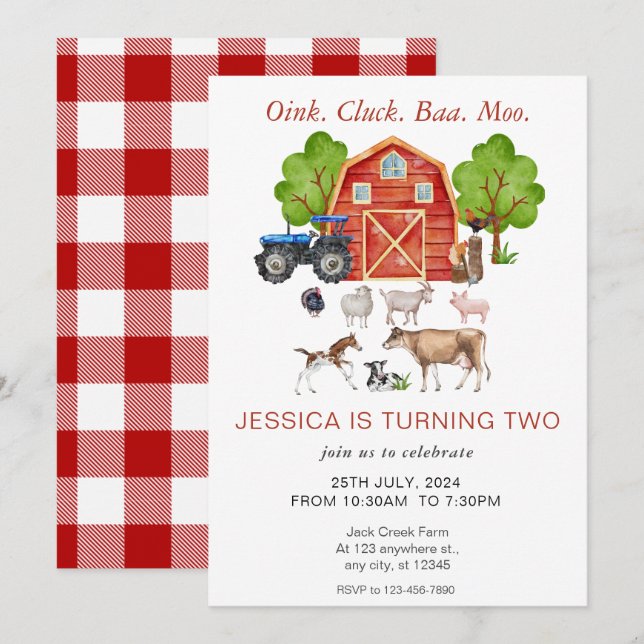 Invitation Cute Aquarelle Animaux de ferme Anniversaire de en (Devant / Derrière)