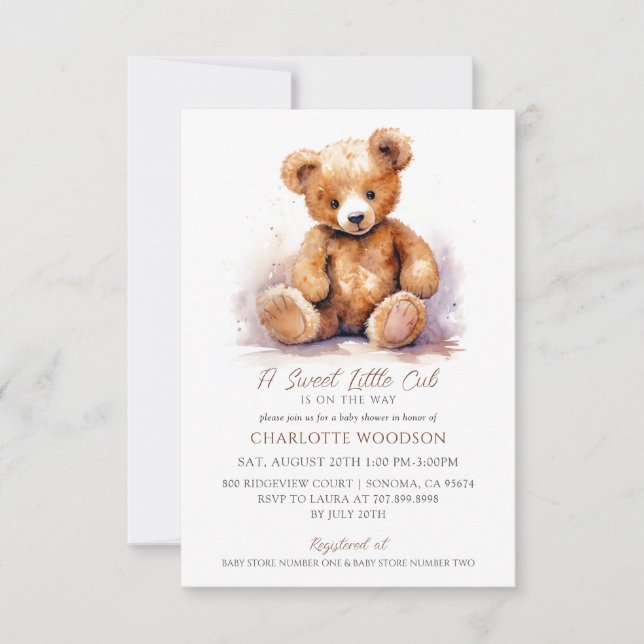 Invitation Cute Aquarelle Baby shower Ours Teddy (Devant)