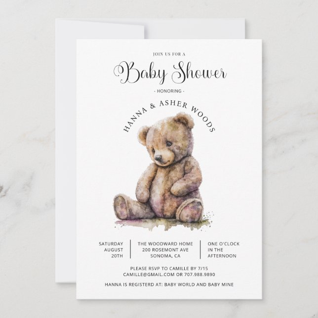 Invitation Cute Aquarelle Baby shower Ours Teddy (Devant)