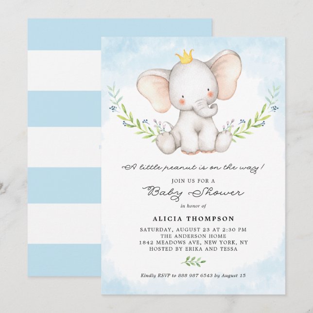 Invitation Cute Aquarelle Bébé Eléphant Baby shower garçon (Devant / Derrière)