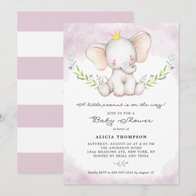 Invitation Cute Aquarelle Bébé Eléphant Fille Baby shower (Devant / Derrière)