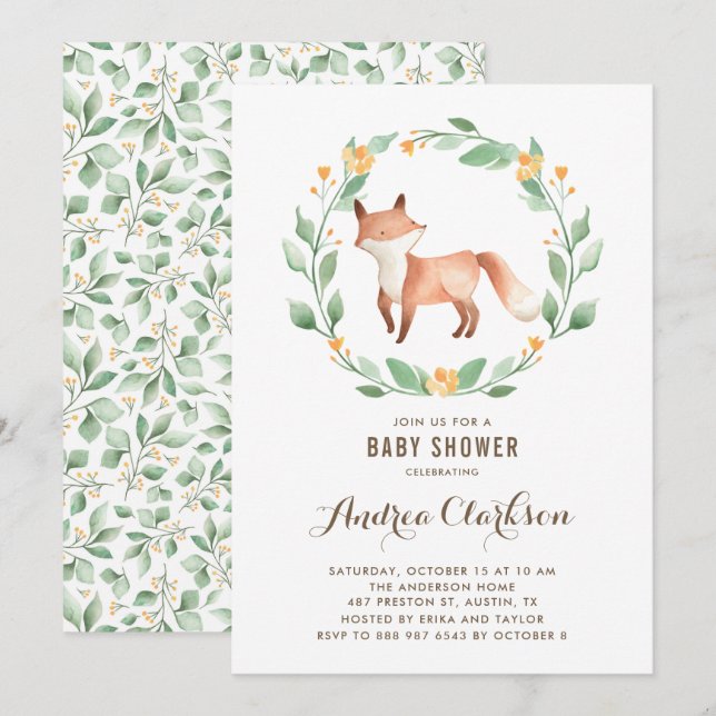 Invitation Cute Aquarelle Bébé Fox Baby shower bois (Devant / Derrière)