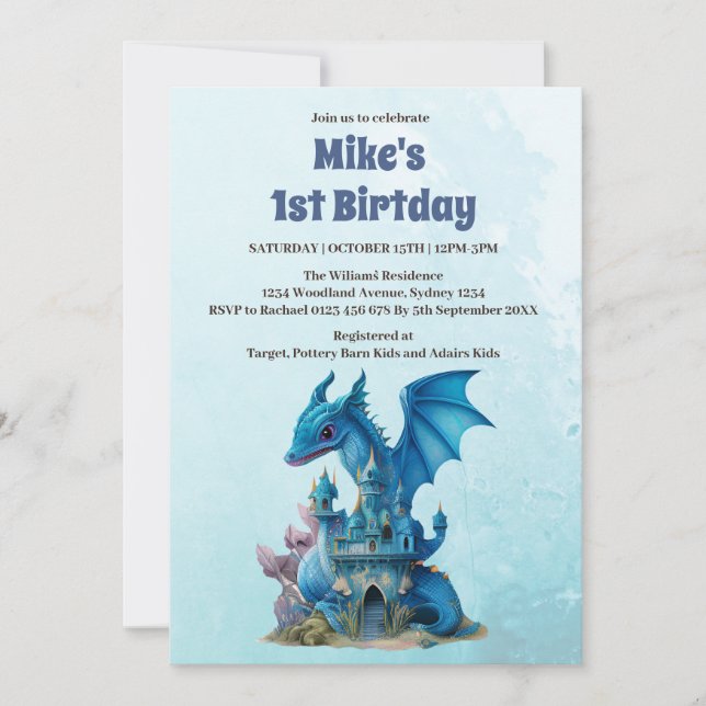 Invitation Cute aquarelle Bleu Dragon 1er anniversaire (Devant)