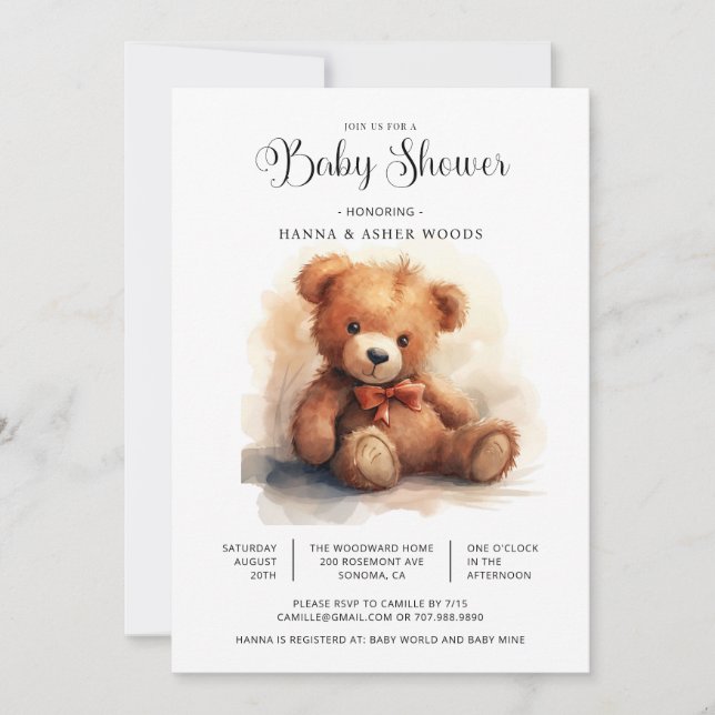 Invitation Cute Aquarelle Bowtie Teddy Bear Baby shower (Devant)