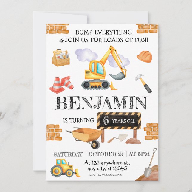 Invitation Cute Aquarelle Construction Anniversaire (Devant)