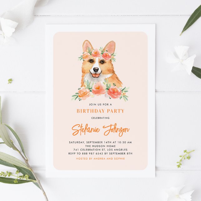 Invitation Cute Aquarelle Corgi Peach Floral Anniversaire de  (Créateur téléchargé)