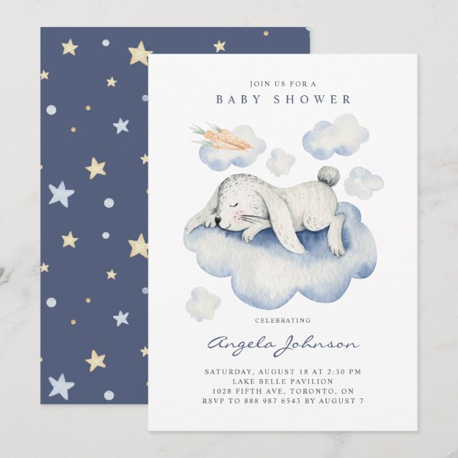 Invitation Cute Aquarelle couchage bébé Baby shower lapin (Devant / Derrière)