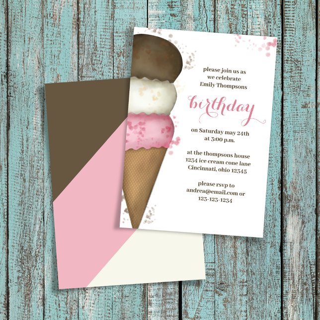 Invitation Cute aquarelle Crème glacée Cône fête d'anniversai (Ice cream birthday party invitations)
