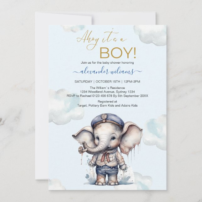 Invitation Cute Aquarelle Elephant thème nautique bébé showe (Devant)