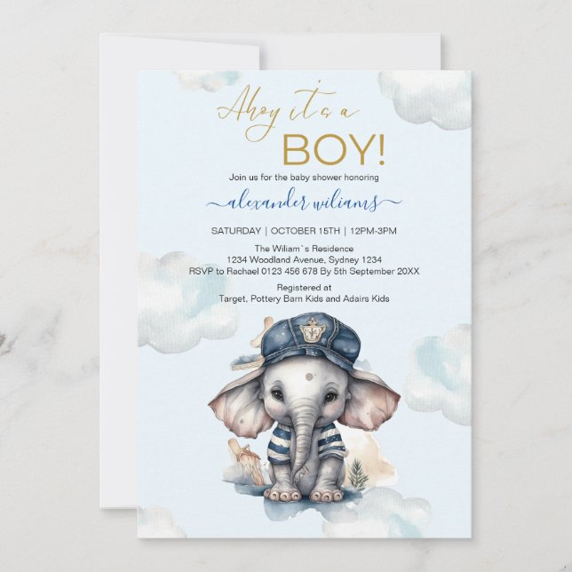 Invitation Cute Aquarelle Elephant thème nautique bébé showe (Devant)