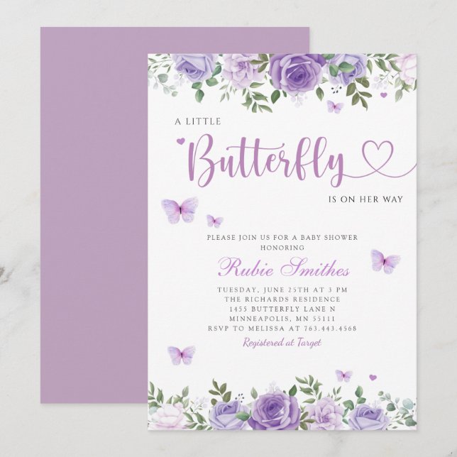 Invitation Cute Aquarelle Floral Butterfly Girl Baby shower (Devant / Derrière)