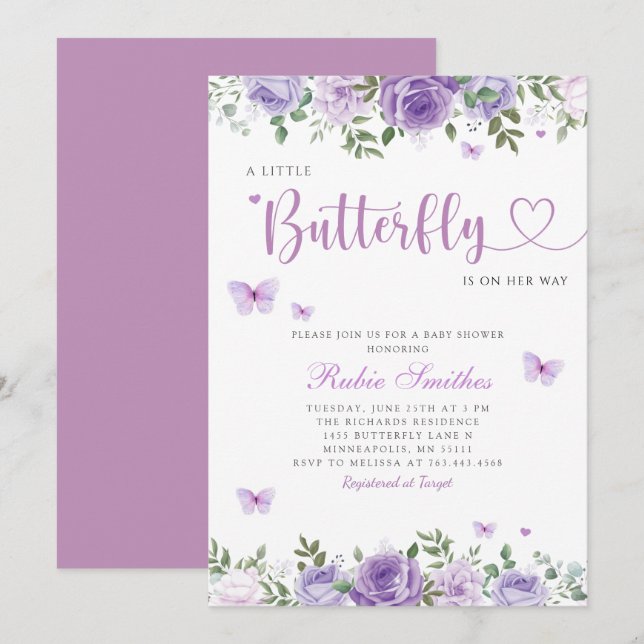 Invitation Cute Aquarelle Floral Butterfly Girl Baby shower (Devant / Derrière)