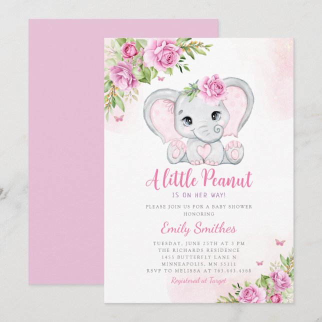 Invitation Cute Aquarelle Floral Elephant Baby shower fille (Devant / Derrière)