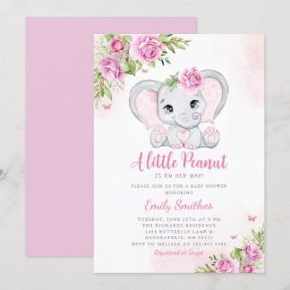 Invitation Cute Aquarelle Floral Elephant Baby shower fille