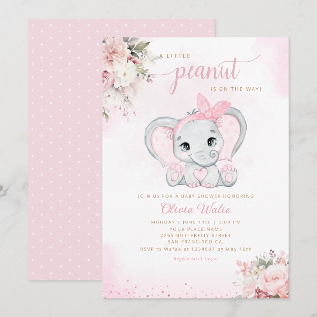 Invitation Cute Aquarelle Floral Elephant Baby shower fille (Devant / Derrière)