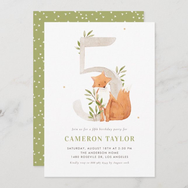Invitation Cute aquarelle Fox Woodland Cinquième fête d'anniv (Devant / Derrière)