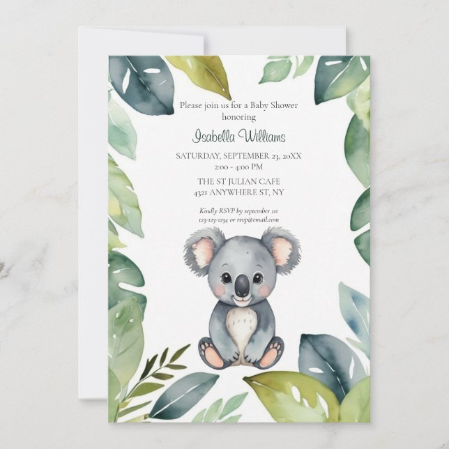 Invitation Cute aquarelle Koala Oear Baby shower (Devant)