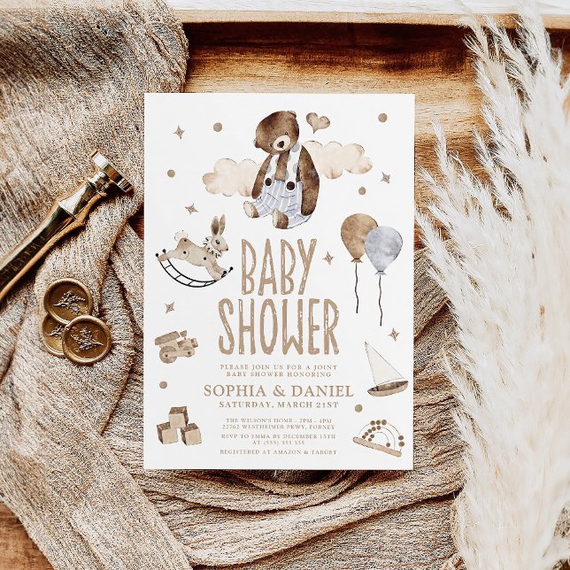 Invitation Cute Aquarelle Ours Baby shower Boho moderne (Créateur téléchargé)