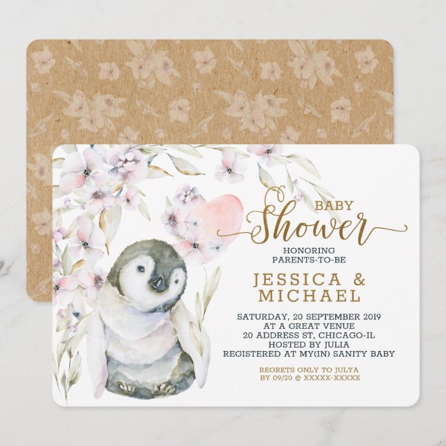 Invitation Cute Aquarelle Penguin Baby shower neutre genre (Devant / Derrière)