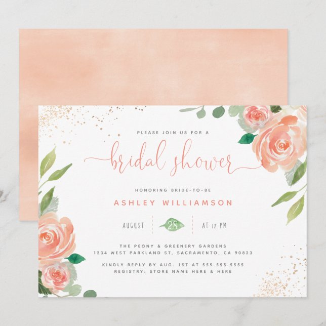 Invitation Cute Aquarelle Peonies et Fête des mariées Eucalyp (Devant / Derrière)