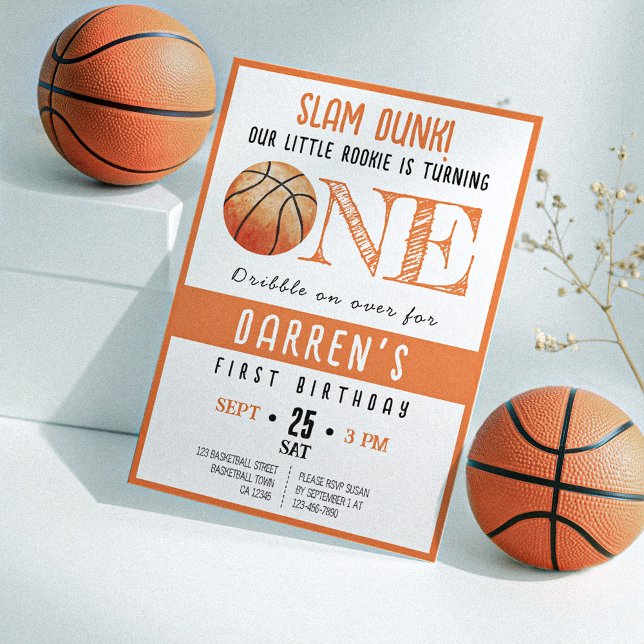 Invitation Cute aquarelle Rookie Basketball 1er anniversaire (Créateur téléchargé)