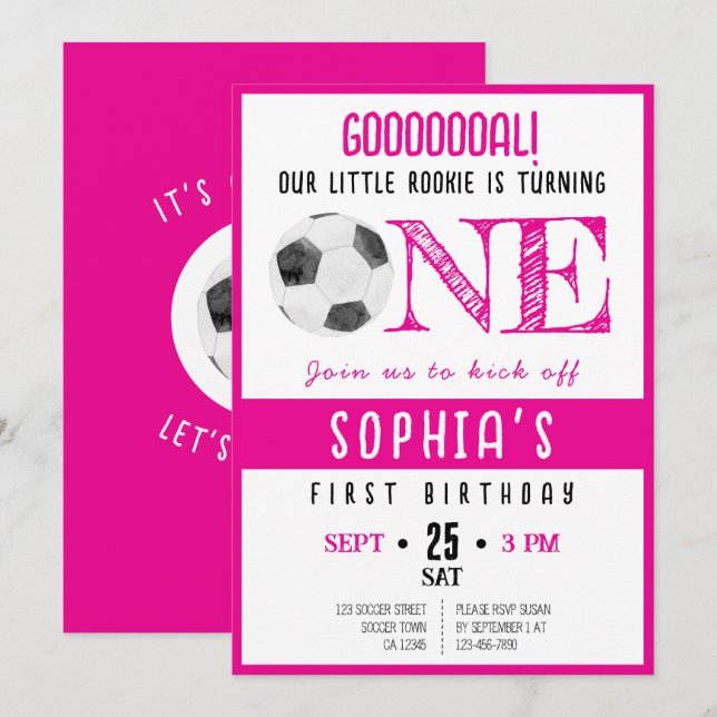 Invitation Cute Aquarelle Rookie Football rose 1er anniversai (Devant / Derrière)
