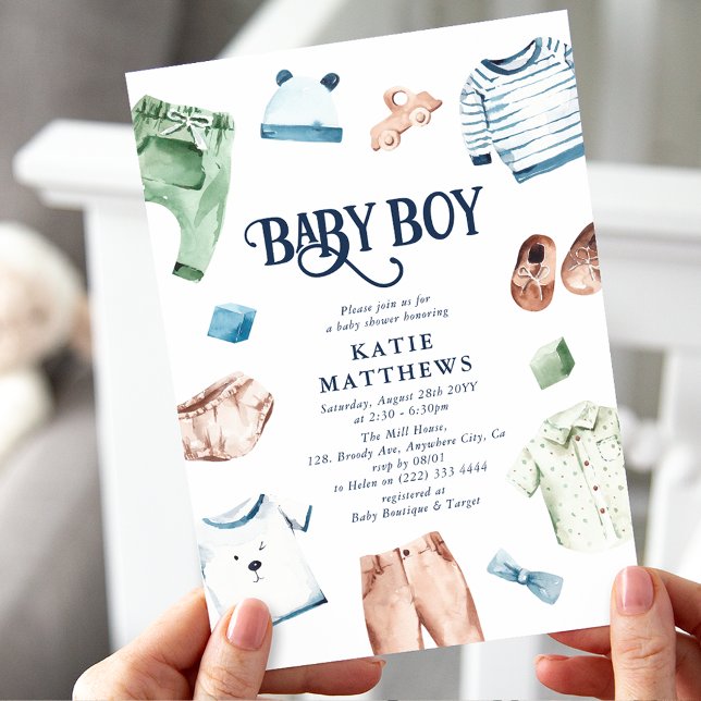 Invitation Cute Aquarelle Vêtements de garçon Baby shower de  (Créateur téléchargé)
