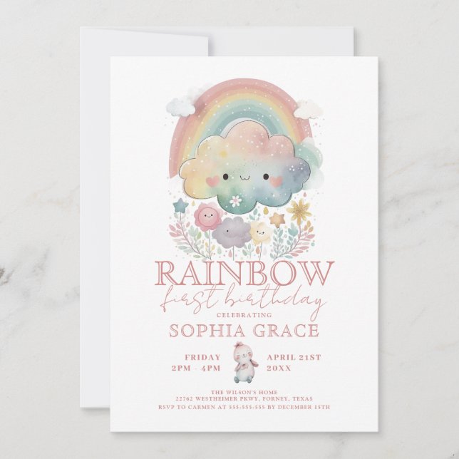 Invitation Cute arc-en-ciel nuages et fleurs Fille Anniversai (Devant)