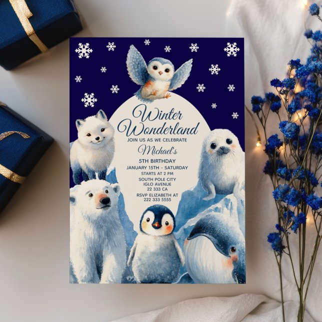 Invitation Cute Arctic Animaux Blue Winter Anniversaire de en (Créateur téléchargé)