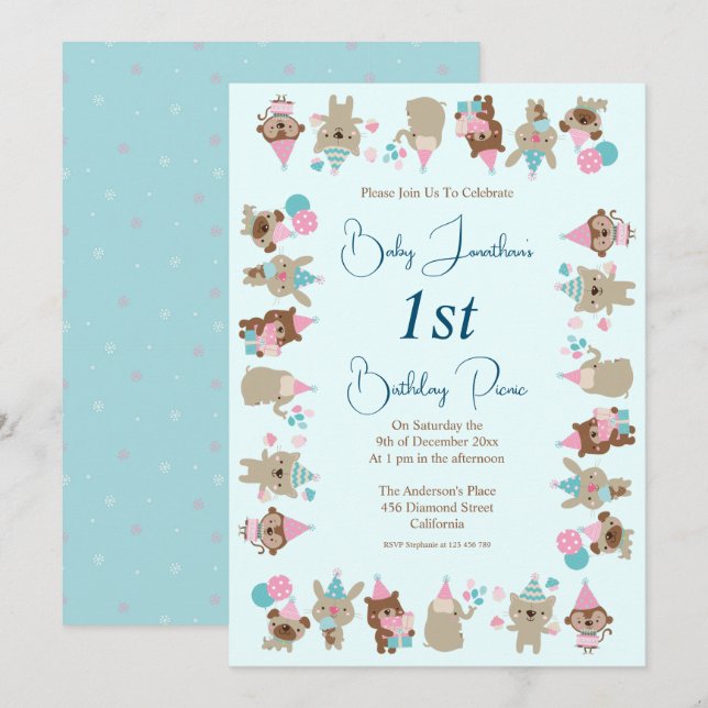 Invitation Cute Baby Animals 1st Birthday Picnic Aqua (Devant / Derrière)