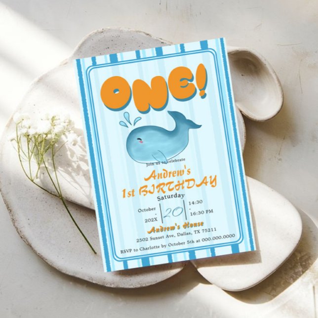 Invitation Cute Baby Blue Whale 1st Birthday (Créateur téléchargé)